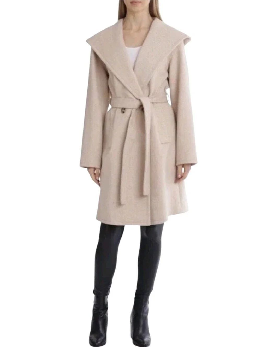 Avec Les Filles Tan Hooded Belted Wrap Coat Size Small